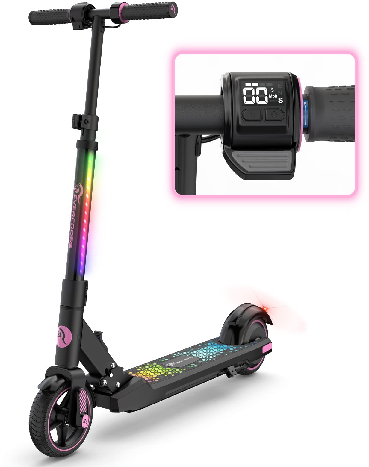 EVERCROSS EV06C Elektroscooter, 6.5'' Faltbarer E Scooter für Kinder 6-12 Jahren, bis zu 15 km/h & 8 km, LED Display, Bunte Leuchten, Leichter Elektroroller Kinder