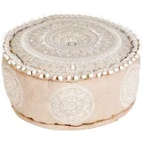 MARRAKESCH Pouf Hocker aus Baumwolle Inklusive Füllung ø 50cm Rund Bodenkissen als Orientalische Dekoration (Beige - Weiß)