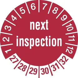 Prüfplakette ab 27, next inspection, rot/weiß - Bogen = 10 Plaketten - 30 mm Folie selbstklebend