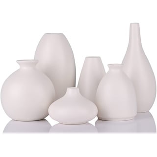 Kleine weiße Vase, 6er-Set, Keramik, weiße Knospenvasen für Tafelaufsätze, Zimmerpflanzen, Ikebana, Mini-Vasen für Dekoration, weiße Keramik-Knospenvase, geeignet für Hochzeit, modern, minimalistisch