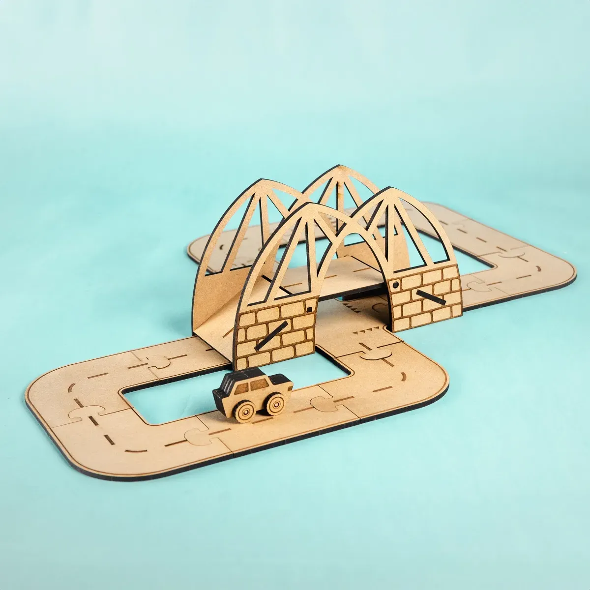 Holzspielset Zugbrücke 20-tlg. Massivholz zum Bemalen, 6 Brückenteile, 13 Straßenelemente, Auto - Crateit Town - ab 3 Jahren