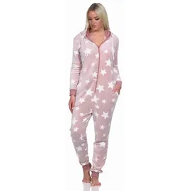 normann Damen Schlafanzug Jumpsuit Overall in Sterneoptik aus kuschelig warmen Coralfleece, Farbe:rosa, Größe:44/46 - 44-46