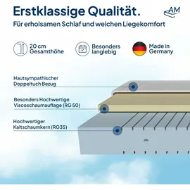 AM Qualitätsmatratzen - Visco-Matratze 90x200 H2 | Hochwertige Matratze mit Viscoauflage | 20 cm Höhe | Germany | 90 x 200 cm