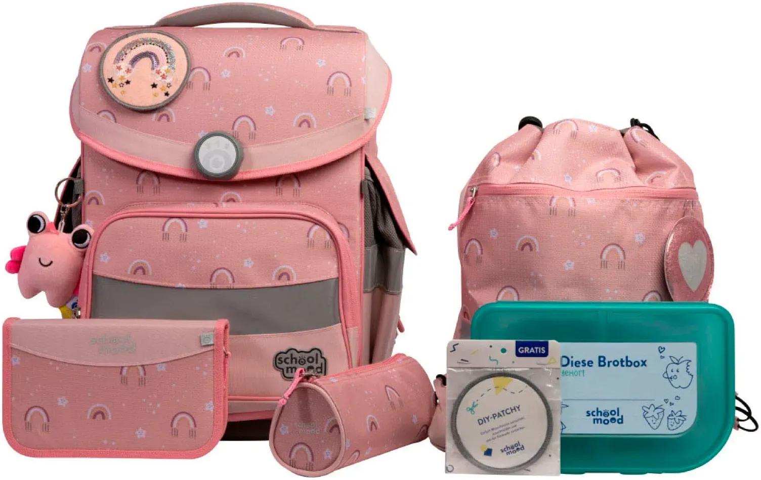 Schulranzen SCHOOL-MOOD "Timeless Pro", Kinder, Gr. B/H/T: 36cm x 42cm x 21cm, rainbow mit moodie charly clever, Polyester, Rucksäcke