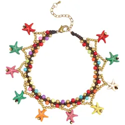 Fußkette mit Anhänger LASCANA "fröhliche Seestern Motive", Damen, Gr. Materialmix, schwarz (pink, blau, gelb, goldfarben, schwarz), bunt, modisch, Fußkettchen, Seesternanhänger, Fußkettchen-Armband, Fußkettchen mit Anhänger