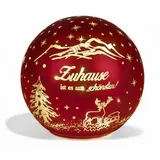 Formano LED Deko-Kugel 12cm Rot mit Spruch Zuhause ist es am Schönsten Glaskugel aus mattem Farbglas und Goldener Innenfarbe - Herbst Winter Weihnachtsdeko für Tisch Regal Fensterbank