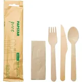 Papstar Holzbesteck-Sets, "pure" : Messer, Gabel, Löffel, Serviette in Papierbeutel,