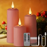 BOWKA Wasserdichte LED-Kerze Außenbereich Kerzenlichter wiederaufladbar mit Fernbedienung und Timer Flackerndes warmweißes Stumpenkerze mit USB-Kabel Home Deco (3er/rosa)