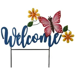 Decoris Gartenstecker Schriftzug Welcome mit Schmetterling und Blumen 45cm Metall Outdoor Deko Gartendeko Metallfigur Blumenstecker Außenbereich Metallstecker