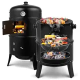 LEADZM Räucherofen,Holzkohlegrill mit Holzkohleschale und Ascherost 3in1 Smoker Schwarz,Räuchern Räucherofen mit Deckel & Thermometer, Innen und Außeneinsatz 80x41x48cm