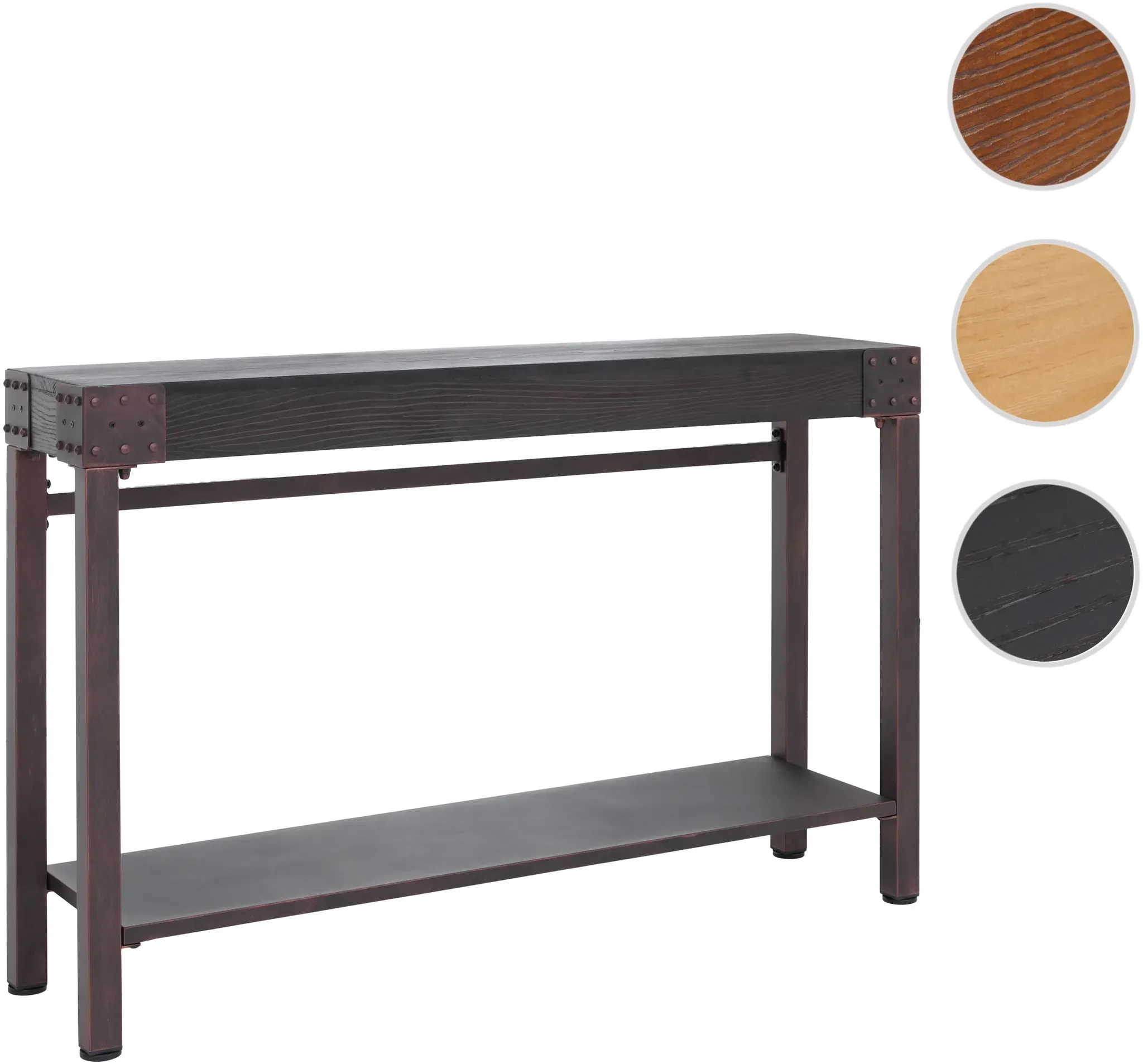 Konsolentisch HWC-Q68, Telefontisch Beistelltisch Tisch, Industrial Retro Holz 82x120x31cm ~ schwarz Metall kupferfarben