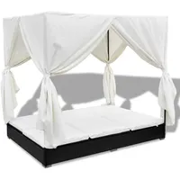 vidaXL Rattan-Sonnenliege 197 x 140 x 180 cm schwarz/cremeweiß inkl. Sonnendach