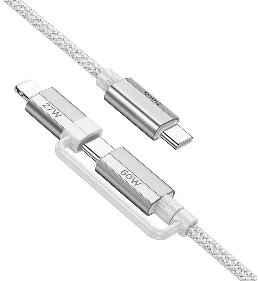 HOCO 2 in 1 Ladekabel USB Typ C komaptibel mit iPhone und USB-C 1,2 m Smartphone-Kabel grau