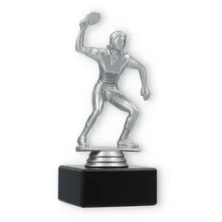 Pokal Kunststofffigur Tischtennisspielerin silbermetallic auf schwarzem Marmorsockel 15,8cm
