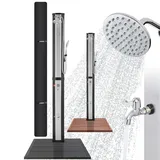 Arebos Solardusche 60 L & Bodenelement Anthrazit | mit Handbrause & Thermometer bis zu 60°C Pooldusche runder Duschkopf Snap-In Technologie Inkl. Abdeckhaube I Schwarz-Silber