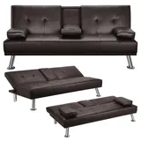 Yaheetech Schlafsofa Bettsofa Couch mit Tassenhalter Gästebett 167 x 81,5 x 75 cm, Rückenlehne neigbar 105°/140°/180°, 350 KG belastbar braun