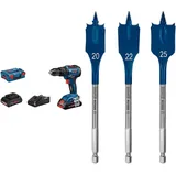 Bosch Professional Akku Schlagbohrmaschine GSB 18V-55 (2x 4,0 Ah ProCore Akku, in L-BOXX) Blau + 3x Expert SelfCut Speed Flachfräsbohrer Set (für Weichholz, Grobspanplatte, Ø 20-25 mm, Zubehör)