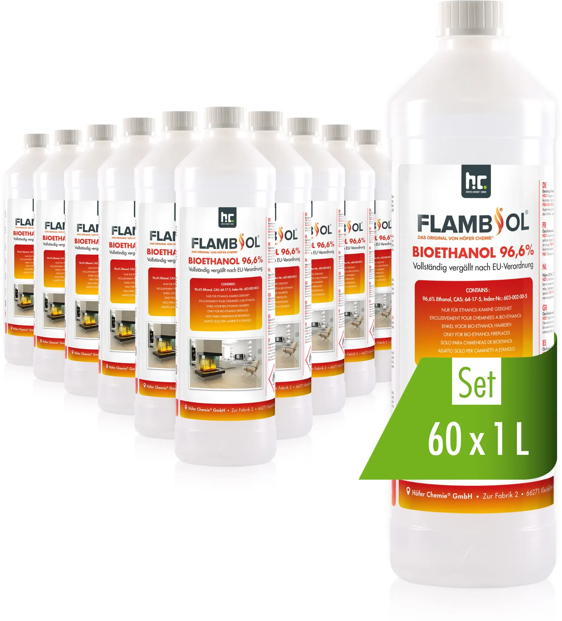 60 x 1 L FLAMBIOL® Bioéthanol 96,6% Premium (en bouteille) pour cheminée de tabl...