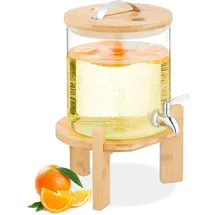 Relaxdays Getränkespender, 5 Liter, Kalt- & Heißgetränke, Bambus-Ständer, Thermometer, Bowle-Gefäß, transparent/ natur