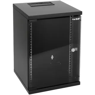 HMF Serverschrank 10 Zoll 9 HE 300 mm Tiefe Voll montiert Glastür Schwarz