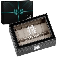 Maverton Uhrenbox mit Gravur für 12 Uhren - 30x20x8cm - Uhrenkasten aus Kunstleder - Schwarz - Geschenk für Männer - Monogramm