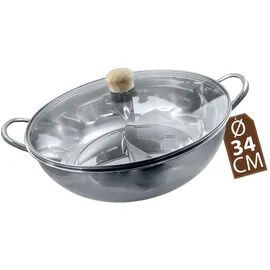 Jade Temple Hot Pot Wok aus rostfreiem Edelstahl Ø 34cm, mit praktischer Trennwand ideal für Hot Pot Gerichte, einfache Reinigung, mit Doppelgriff, im Set mit Glasdeckel, Silber