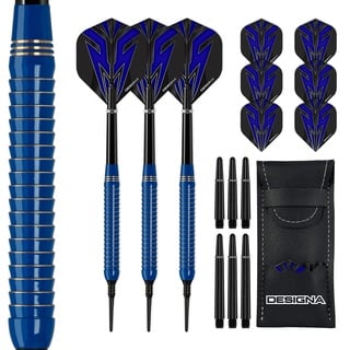 DESIGNA DARTS Mako | 20g Soft Tip Electro Brass Dart Set mit geradem Barrel inkl. 6 Standard Flights, 6 Schäften, Checkout Card und Aufbewahrungskoffer, M1, blau