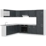 Vicco Eckküche R-Line 287x227 cm Schwarz Beton Weiß mit Arbeitsplatte Weiß Marmor