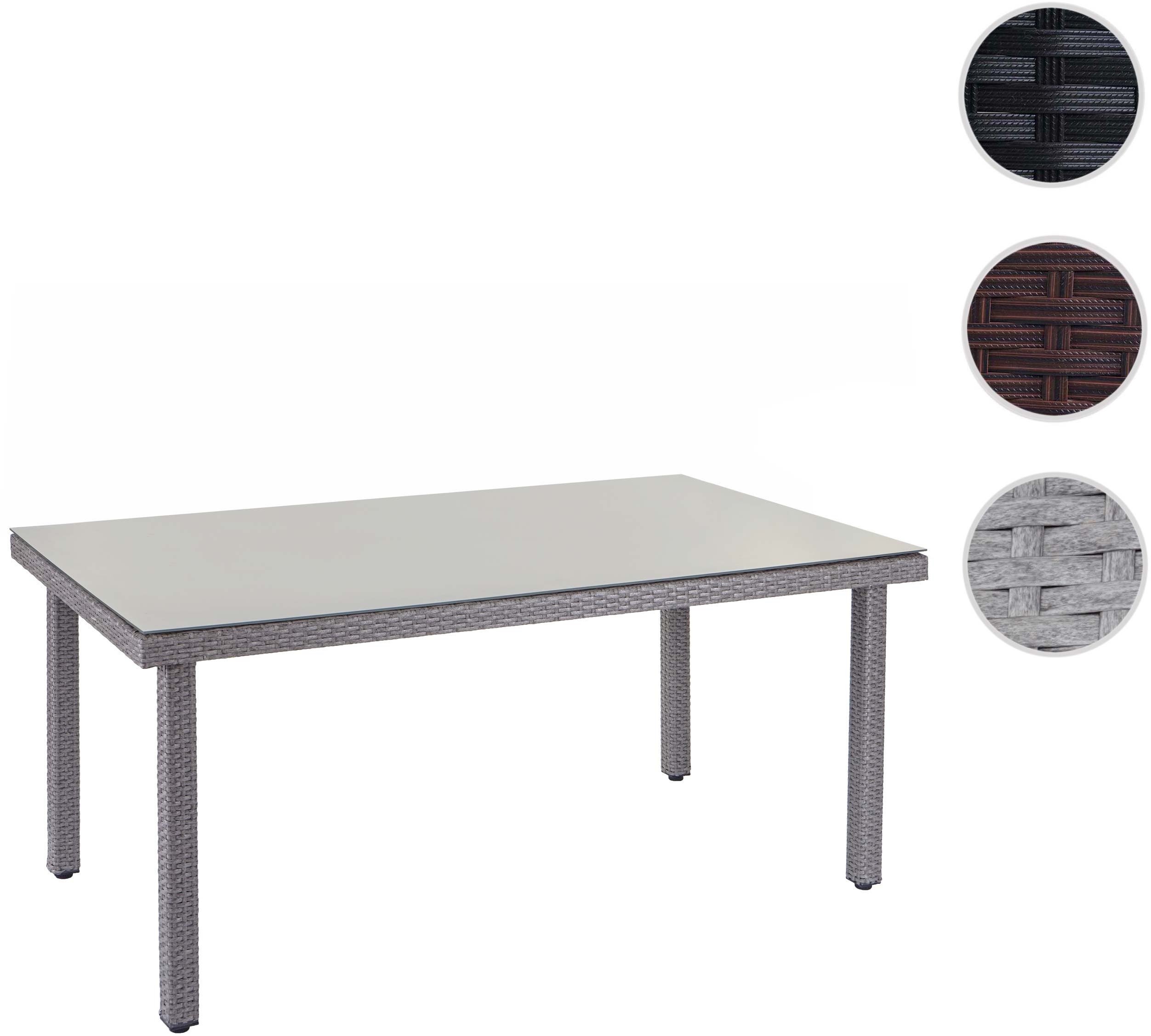 Poly-Rattan Gartentisch Cava, Esstisch Tisch mit Glasplatte, 160x90x74cm ~ grau