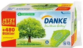 Danke Toilettenpapier, 3-lagig, Sanftes Klopapier aus 100% Recyclingpapier, 1 Packung = 16 Rollen à 180 Blatt