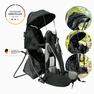 FASports Rückentrage Lil' Boss Kinderkraxe, Kindertrage (schwarz-grau, 1-tlg), Babytrage, 5-Punkt-Sicherungsgurt, Regen- und Sonnendach, Taschen grau|schwarz