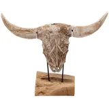 CREEDWOOD SKULPTUR Toro | Teak, 52 cm | Stierkopf Figur, Deko Schädel, Stierschädel auf Sockel, Standfigur Bullenschädel, Holz Geweih, Longhorn Deko Trophäe