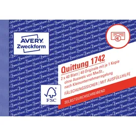 Avery Zweckform Formularbuch Quittung A6 quer 2x40 Blatt Gelb/Weiß