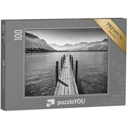 puzzleYOU Puzzle Idyllischer Bootssteg am Genfer See, Schweiz, 100 Puzzleteile, puzzleYOU-Kollektionen Fotokunst, Schwarz-Weiß