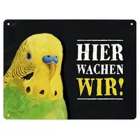 Trendaffe Hier wachen wir! Metallschild XL mit Wellensittich grün