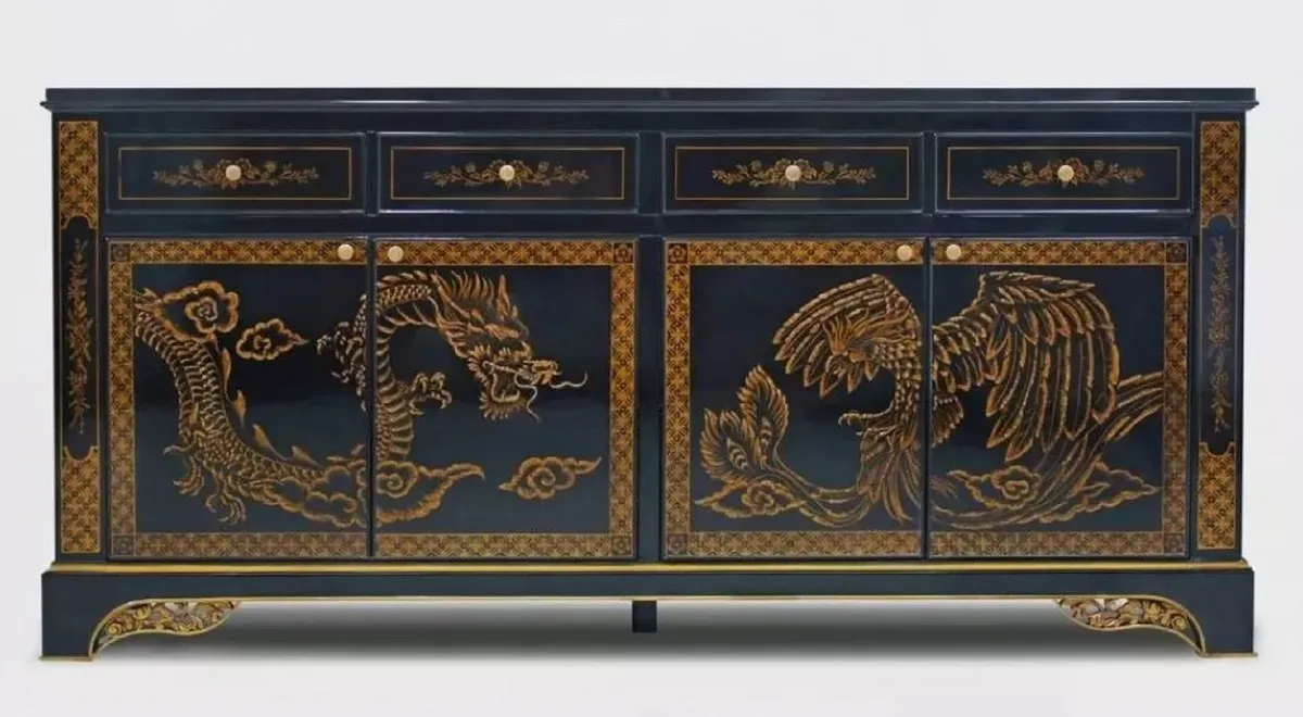 Casa Padrino Luxus Barock Sideboard im chinesischen Stil Schwarz / Gold - Barockstil Massivholz Schrank mit 4 Schubladen & 4 Türen - Luxus Esszimmer Möbel im Barockstil - Barock Esszimmer Möbel