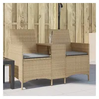 vidaXL Gartensofa 2-Sitzer mit Tisch und Kissen Beige Poly Rattan