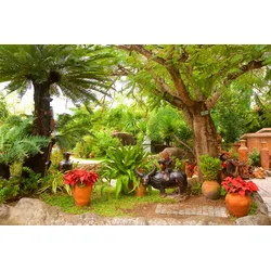Fototapete PAPERMOON "GARTEN-KERAMIK STATUEN VIETNAM PARK CHAMTÜRME BLUMEN", bunt, B:5,00m L:2,80m, Vlies, Tapeten