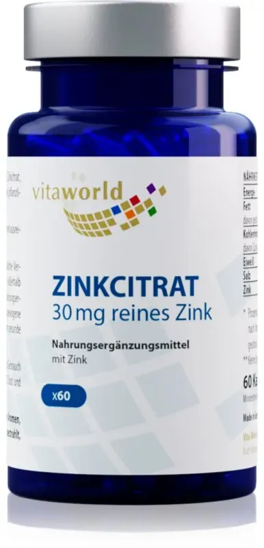 Vita World Zink citrat 30 mg Kapseln zur Unterstützung des Immunsystems, schöner Haare und Haut 52 g