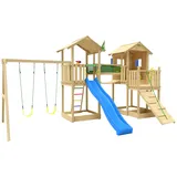 Jungle Gym Spielturm JUNGLE GYM "Stronghold", blau, Spieltürme, KinderB:394cm H:310cm T:626cm, Holz, Spielanlage mit 2 Türmen, Schaukel und Rutsche mit Wasseranschluss, B:394cm H:310cm T:626cm