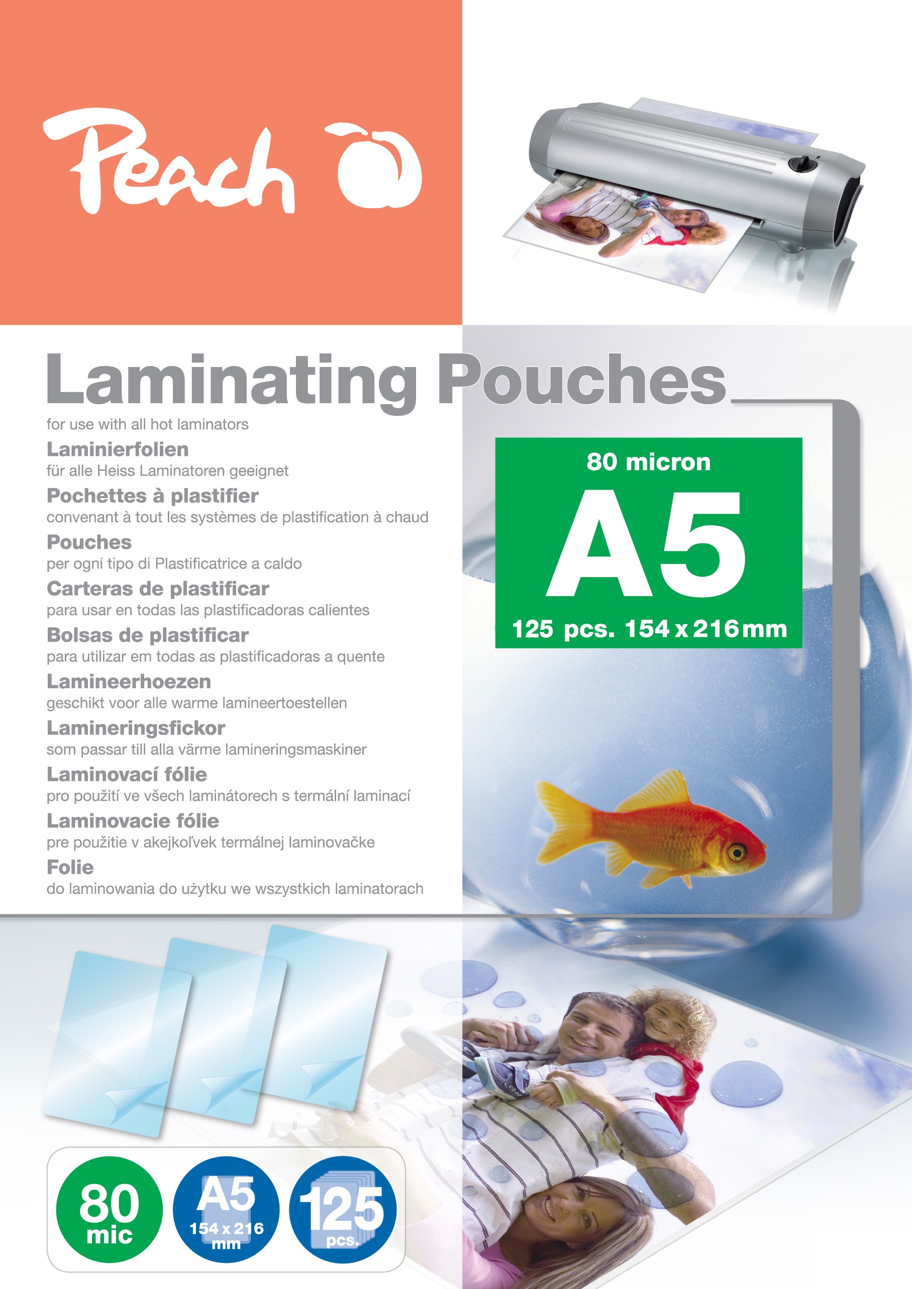 Peach Laminierfolie A5 | 80 mic | 125 St. | glänzend | Premiumqualität für beste Laminierergebnisse | kompatibel mit Geräten aller Markenhersteller | PP580-03P