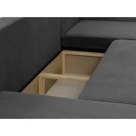 Mirjan24 Wohnlandschaft Piano U Cord, Wohnzimmer Eckcouch mit Bettkasten und Schlaffunktion, Schwarze Füße, Wellenfeder, U-Form (Farbe: Poso 100) - Beige