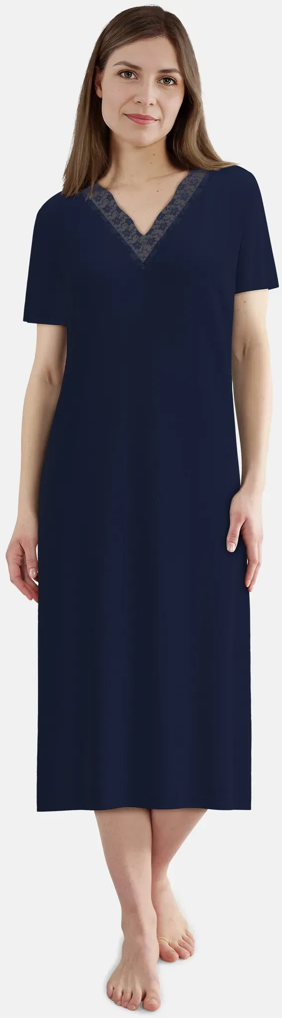 Nachthemd GÖTZBURG, Damen, Gr. 46, N-Gr, blau, mittel, uni, Single Jersey, Obermaterial: 60% Baumwolle, 40% Polyester, bequem lang, V-Ausschnitt, gerader Abschluss, Kleider Nachthemd, lang, Kurzarm, V-Ausschnitt, Baumwollmix