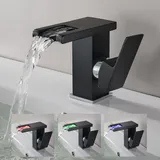 OUGOO Edelstahl LED Bad Wasserfall Wasserhahn, Wasserbetrieben, RGB 3 Farbwechsel Waschtischmischer mit Temperatursensor, Schwarz Einhebelmischer, keine Batterie erforderlich