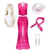 Yanny Mädchen Rosa Cowgirl Outfits 70er 80er Jahre Hippie Disco Kostüm Margot Robbie Film 2023 Frauen Halloween Cosplay (Pink 3 - Mädchen, X-Small) - XS