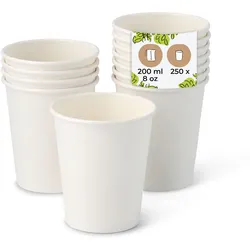BIOZOYG 250 Stück kompostierbare Einwegbecher 200ml / 8oz Pappbecher, Trinkbecher, Wegwerfbecher, Getränkebecher, einwandig, weiß, kompostierbar
