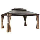 PURPLE LEAF Pavillon Außenbereich Alu Gartenpavillon mit Stahldach Hardtop und Seitenteile, Metall Pavillon mit Netzen und Vorhängen Permanenter braun 365 cm x 425 cm