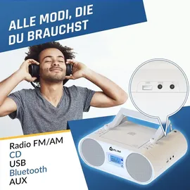Klim Boombox B4 Radio mit CD Player + AM/FM Radio, MP3, Bluetooth, AUX, USB + tragbarer CD Spieler mit kabellosem Modus und aufladbaren Akku weiß