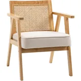 HOMCOM Sessel Wohnzimmer Relaxsessel mit Armlehnen, Sitzkissen, Loungesessel mit Rattan-Rückenlehne, Lesesessel mit Leinen-Optik, Holzrahmen, Polstersessel für Schlafzimmer Creme