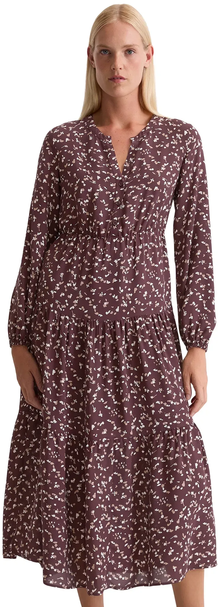 Druckkleid MARC O'POLO "aus Cupro-Viskose-Mix", Damen, Gr. 44, Normalgrößen, bunt (multi), Obermaterial: 50% Cupro, 50% Viskose; Futter: 100% Viskose, bedruckt, relaxed fit wadenlang, Rundhals, Manschette, Kleider